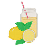 Lemonade applique embroidery design, large mason jar of lemonade with ice cubes and straw, lemons in the foreground, snugglepuppyapplique.com
