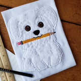 Maltese with Pencil Back to School applique embroidery design, snugglepuppyapplique.com