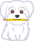 Maltese with Pencil Back to School applique embroidery design, snugglepuppyapplique.com