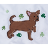 Chihuahua with shamrocks, March chihuahua applique embroidery design, snugglepuppyapplique.com