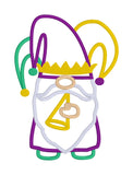 An applique of a gnome blowing a horn and wearing a jesters hat Mardi gras applique by snugglepuppyapplique.com