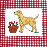Labrador watering flowers appliqué embroidery design, snugglepuppyapplique.com
