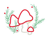 An applique of three woodland mushrooms with embroidered evergreen sprigs and berries by snugglepuppyapplique.com