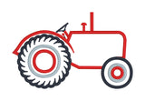 An applique of an old fashioned farm tractor by snugglepuppyapplique.com  Edit alt text