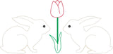 Opposing Bunnies with tulip between them bean stitch applique embroidery design by snugglepuppyapplique.com