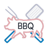 An applique of cooking utensils and a Pig with  "BBQ" embroidered on it by snugglepuppyapplique.com