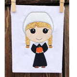 Pilgrim Girl applique embroidery design, stylized with large head holding a tiny pumpkin