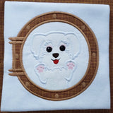 Maltese appliqué embroidery design, Paws on glass looking through a porthole, Snugglepuppyapplique.com