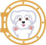 Maltese appliqué embroidery design, Paws on glass looking through a porthole, Snugglepuppyapplique.com