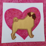 Pug valentine applique embroidery design, snugglepuppyapplique.com
