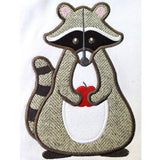Raccoon with apple applique embroidery design, stylized raccoon holding an apple, snugglepuppyapplique.com