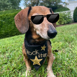 An in the hoop pet bandana with appliqué stars and the words "Rock Star" embroidered by snugglepuppyapplique.com