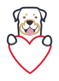A Valentine Applique design of a Rottweiler with his paws on a heart. Easy to personalize. by snugglepuppyappliquie.com