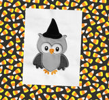 Owl with witch's hat appliqué embroidery design, snugglepuppyapplique.com
