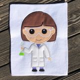 Scientist applique embroidery design, girl scientist holding a flask, snugglepuppyapplique.com