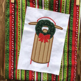 retro sled with Christmas wreath applique embroidery design, snugglepuppyapplique.com
