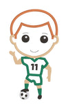An applique of a soccer player with his foot on a soccer ball by snugglepuppyapplique.com