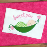 Sweet Pea applique embroidery design, sleeping baby in a pea pod.  snugglepuppyapplique.com