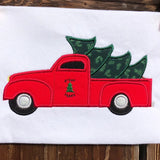 Truck applique design, tree in back of vintage pickup truck, snugglepuppyapplique.com