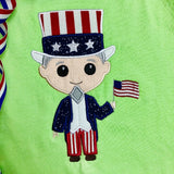 Uncle Sam applique embroidery design, 4th of July, holding flag, stylized with large head