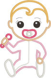 Baby with rattle appliqué embroidery design, snugglepuppyapplique.com