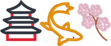 Japanese Trio temple, carp and cherry blossom applique embroidery design by snugglepupyapplique.com