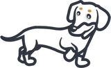 Black and tan dachshund applique design in profile, one paw is lifted and head is turned., snugglepuppyapplique.com
