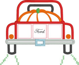 Pumpkin pickup applique embroidery design, large pumpkin in the bed of a vintage pickup truck, snugglepuppyapplique.com