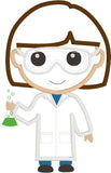 Scientist applique embroidery design, girl scientist holding a flask, snugglepuppyapplique.com