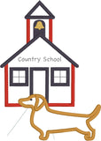 September Dachshund applique embroidery design, Dachshund in front of vintage schoolhouse, Snugglepuppyapplique.com