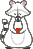Raccoon with apple applique embroidery design, stylized raccoon holding an apple, snugglepuppyapplique.com