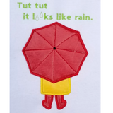 "Tut tut it looks like rain" child with umbrella applique embroidery design, snugglepuppyapplique.com