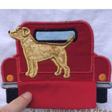 3D Pup in Pickup applique embroidery design, Truck tailgate folds down to show the rest of a dog.  Snugglepuppyapplique.com