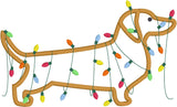 December Dachshund applique embroidery design, dog wrapped in Christmas lights, snugglepuppyapplique.com