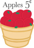 Basket of Apples "Apples 5 cents" applique embroidery design, snugglepuppyapplique.com