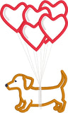valentine applique embroidery design, dachshund with heart balloons, dog, puppy, snugglepuppydesign.com