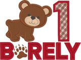 First birthday applique embroidery design, bear cub beside number one and the Barely below, snugglepuppyapplique.com
