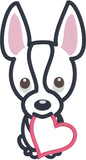 Boston Terrier applique embroidery design, stylized with heart in mouth, valentine applique design, snugglepuppyapplique.com
