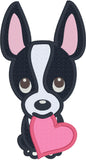 Boston Terrier applique embroidery design, stylized with heart in mouth, valentine applique design, snugglepuppyapplique.com