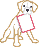 Boxer with Notebook back to school appliqué embroidery design, snugglepuppyapplique.com
