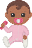 Baby with rattle appliqué embroidery design, snugglepuppyapplique.com