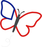 An applique of a butterfly made to look like an American flag 4th of July