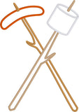 Camping chow hot dog and marshmallow on sticks applique embroidery design by snugglepuppyapplique.com
