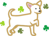 Chihuahua with shamrocks, March chihuahua applique embroidery design, snugglepuppyapplique.com