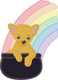 Chihuahua of Gold St. Patricks Day applique embroidery design, Chihuahua in a pot at end of rainbow, snugglepuppyapplique.com