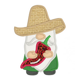 An applique of a gnome in a sombrero holding a chili pepper by snugglepuppyapplique.com