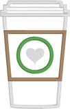 coffee applique embroidery design, paper cup of coffee with brown sleeve and heart, snugglepuppyapplique.com