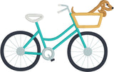 An applique of a bicycle with a basket and a dachshund inside the basket. snuggleppyapplique.com