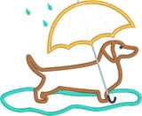 April Dachshund applique embroidery design, umbrella, rain, snugglepuppyapplique.com