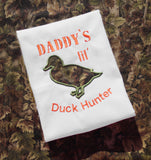 "Daddy's lil' duck hunter" with duck applique machine embroidery design by snugglepuppyapplique.com